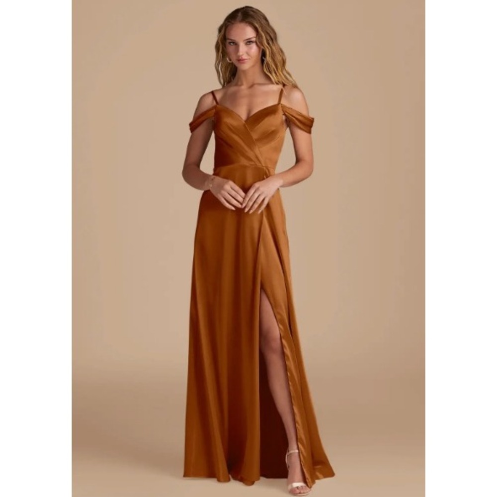 Azazie Ocean Copper Satin Off Shoulder Maxi Bridesmaid Dress A6 NEW